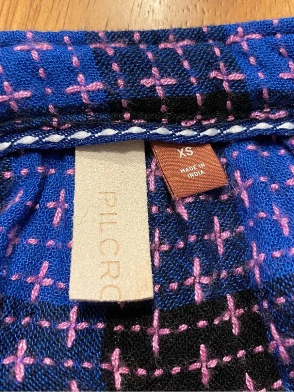 Pilcro Anthropologie blue pink black plaid ruffle button down shirt
